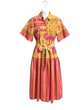 Farm Rio Boho Tie Waist Midi Shirt Dress Womens S Floral Stripe Whimsical Bright